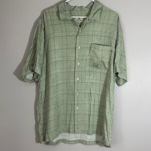 SOLITUDE Mens Short Sleeve Button Front Shirt Green Palm Trees L 100% Rayon